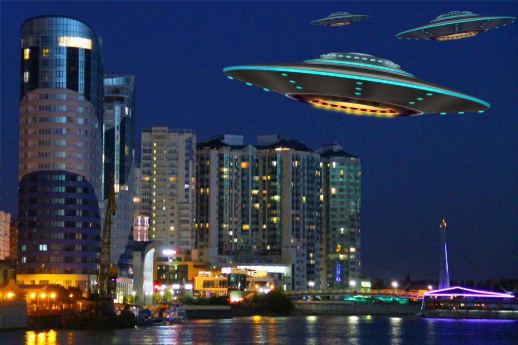 A metal and silver UFO invasion of planet Earth, a group of spaceships fly in the sky above the city and emit yellow rays to the earth. 3D rendering