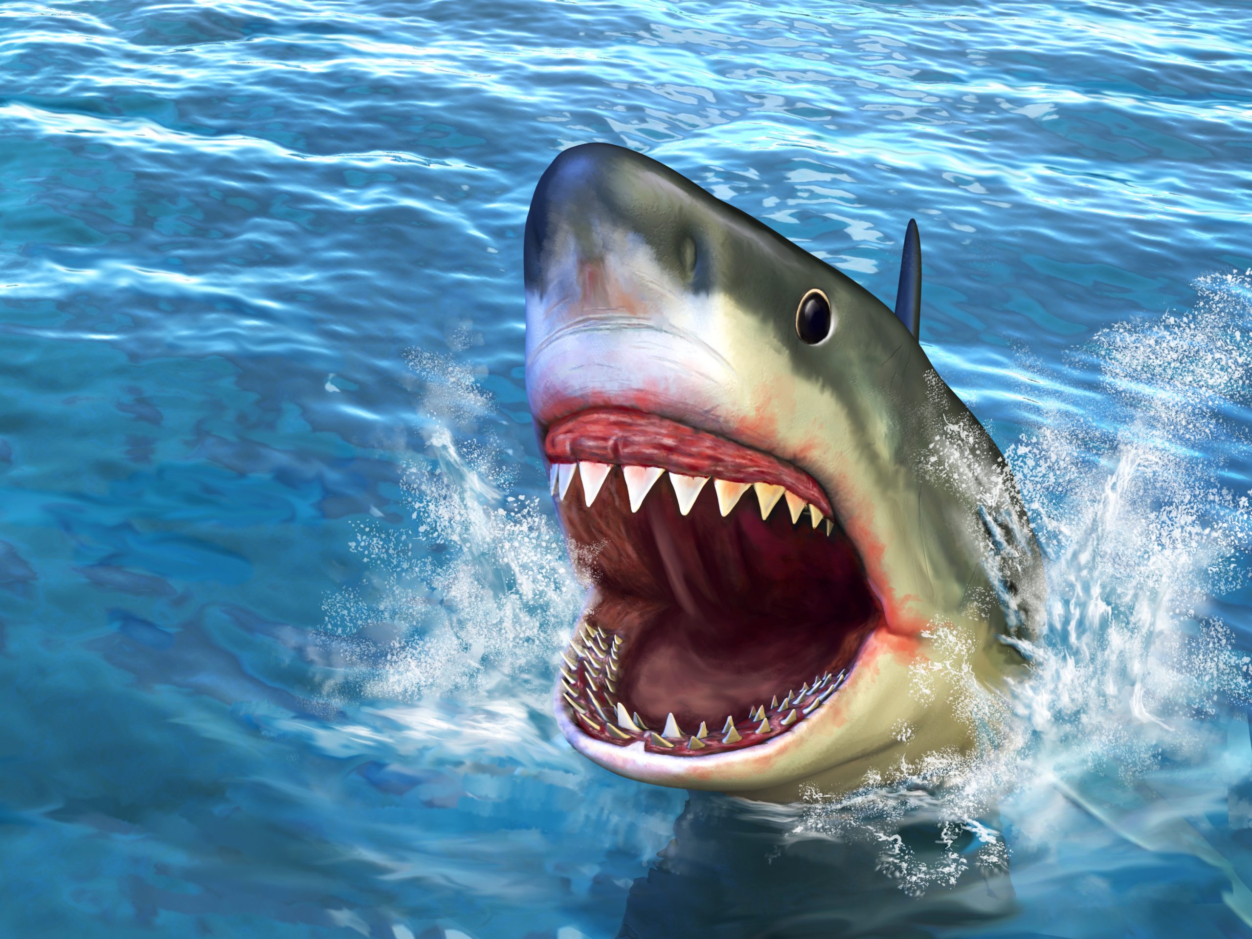 Great white shark jumping out of water with its open mouth. Digital illustration.