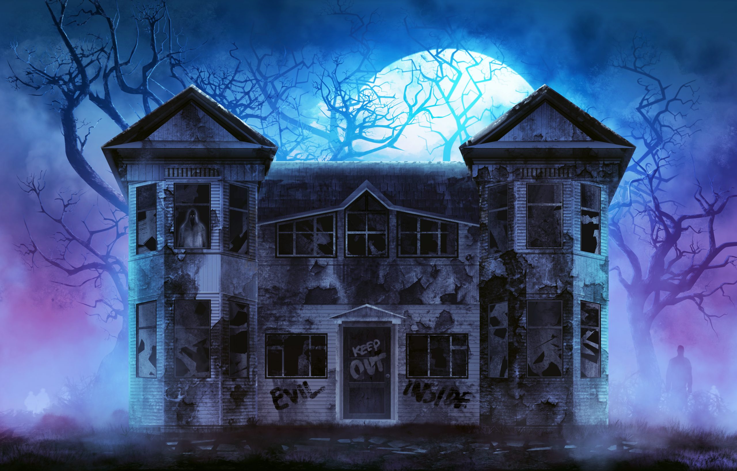 cartoon image of a SCARY looking haunted house