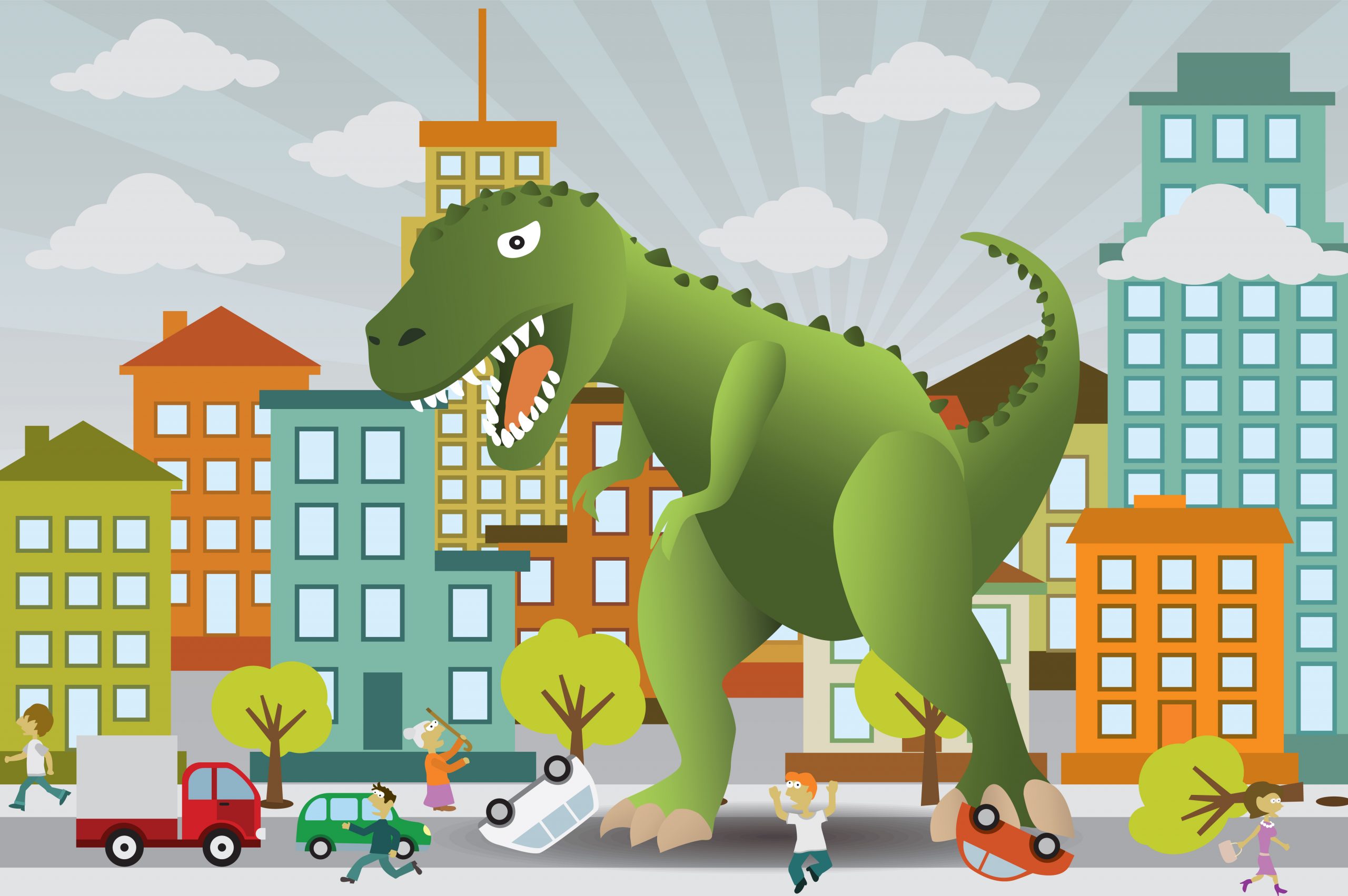 cartoon of a green dinosaur attacking a city