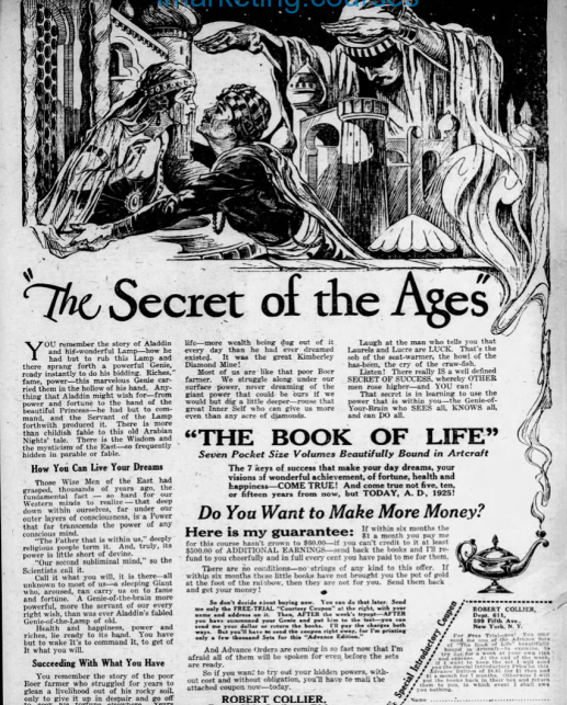 "The Secret of the Ages" ad for his book, which utilized engaging storytelling and a personal tone to make readers feel deeply understood and eager to discover the "secrets" within the pages.