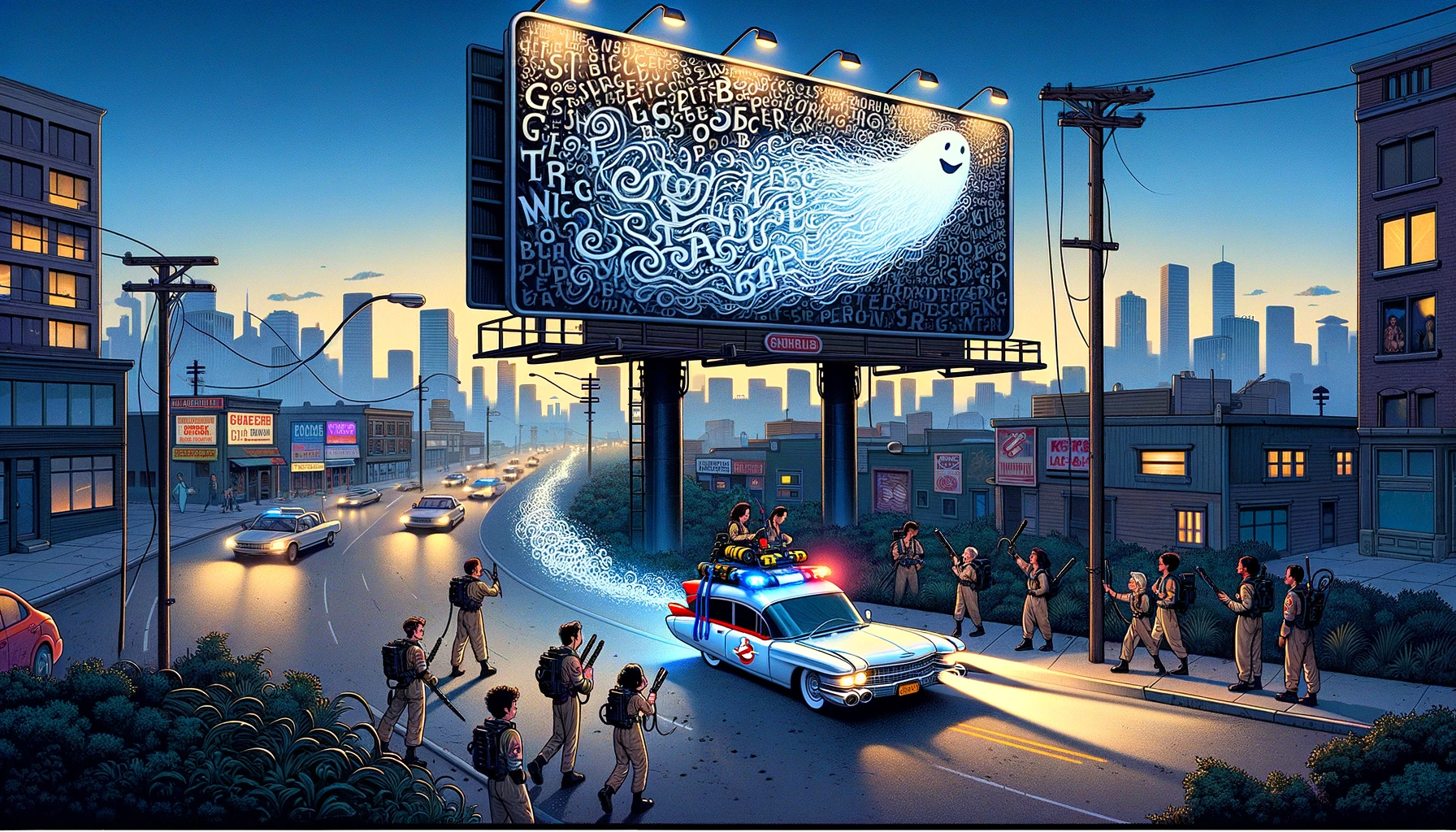 A-landscape-illustration-capturing-a-ghost-haunting-a-billboard-in-an-urban-setting.-The-ghost-made-of-swirling-letters-and-words-appears-to-be-alte.