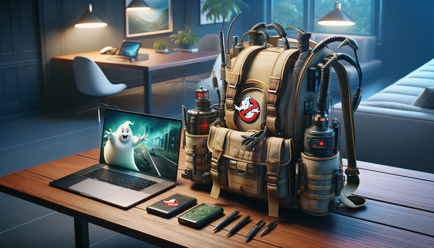 A-landscape-image-showcasing-a-Ghostbusters-backpack-and-proton-pack-creatively-reimagined-as-a-writers-toolkit.-The-backpack-is-open