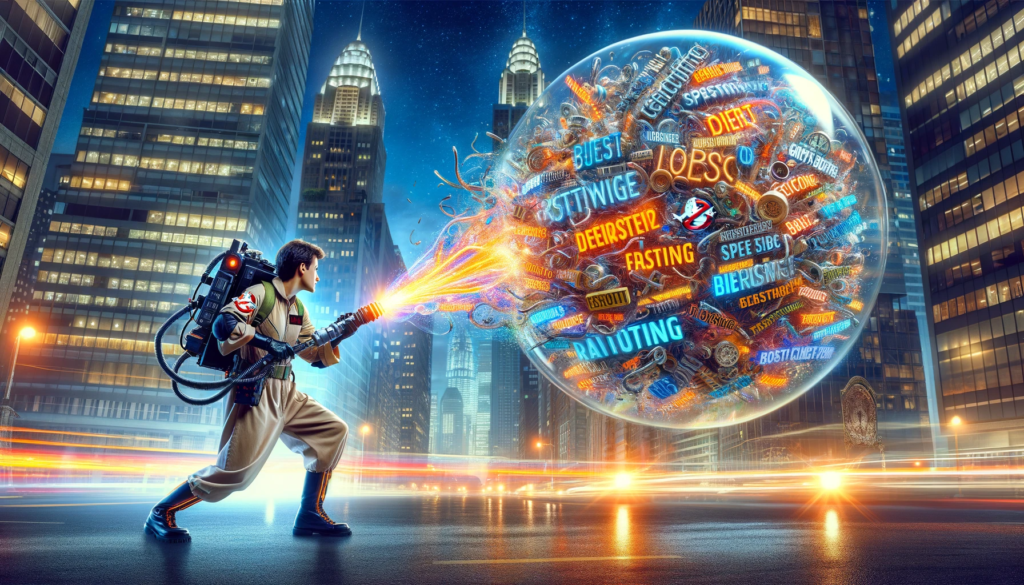 A-landscape-format-cityscape-scene-featuring-a-Ghostbuster-in-action.-The-Ghostbuster-diverse-in-gender-and-ethnicity-is-using-a-proton-pack-
