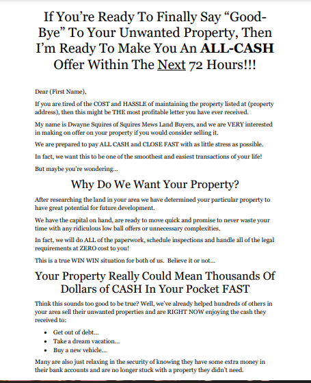 Direct Mail Sales Letter for Real Estate Company